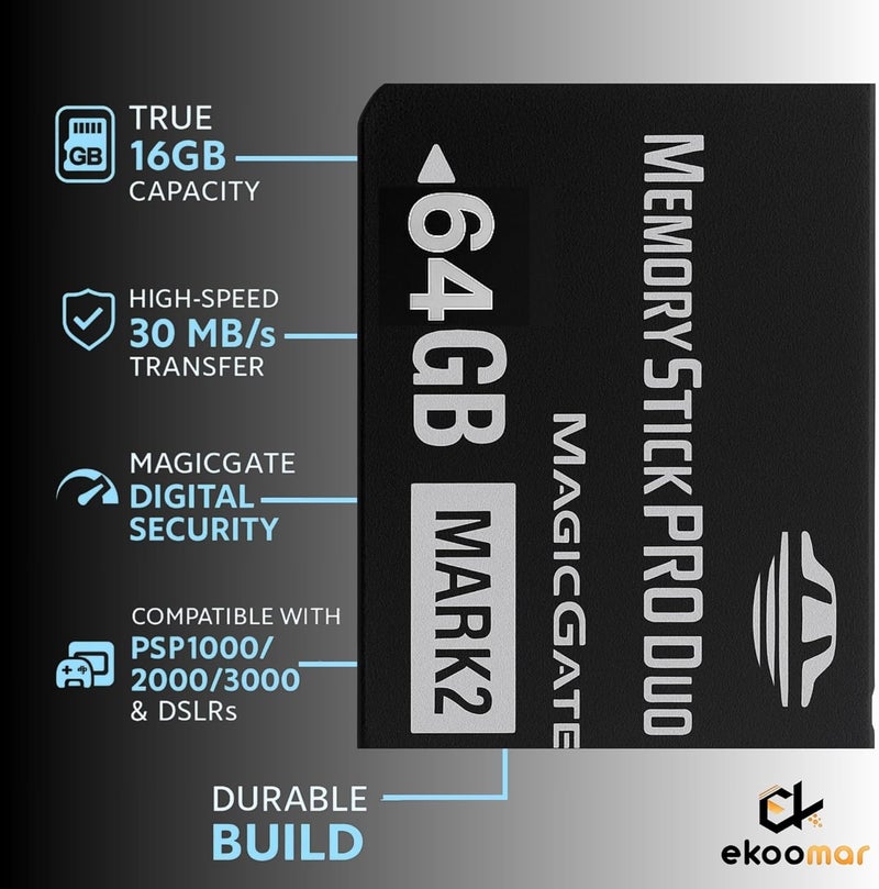 Ekoomar Original 64GB Memory Stick Pro Duo MARK2 - Compatible with PSP1000/2000/3000, DSLR Burst Shooting, MagicGate | High-Speed Read/Write Memory Stick Duo Card for PSP Memory Stick & Cameras - Image 2